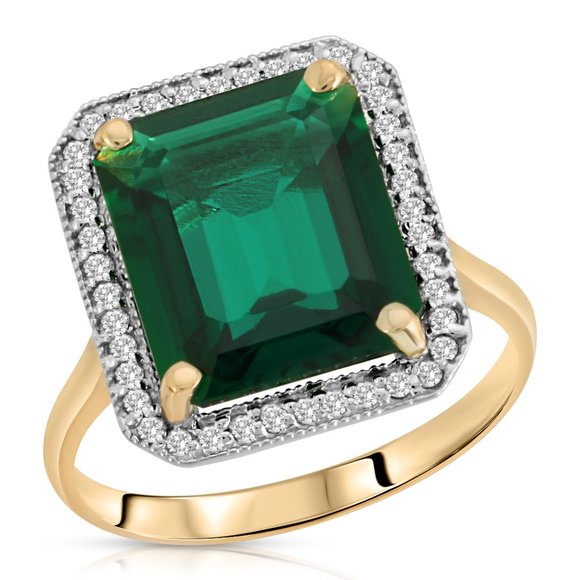 14K GOLD RING W DIAMONDS & LAB. Created Emerald - Picture 2 of 5